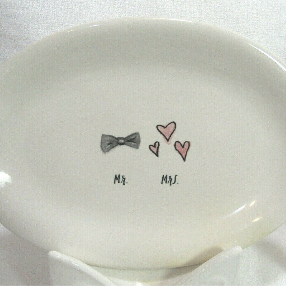 RAE DUNN White Oval Plate with Bowtie and Hearts Design Mr. And Mrs.